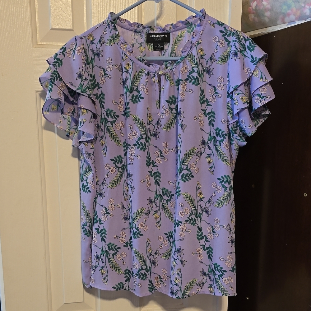 Liz Claiborne Lavender Floral Ruffle Blouse